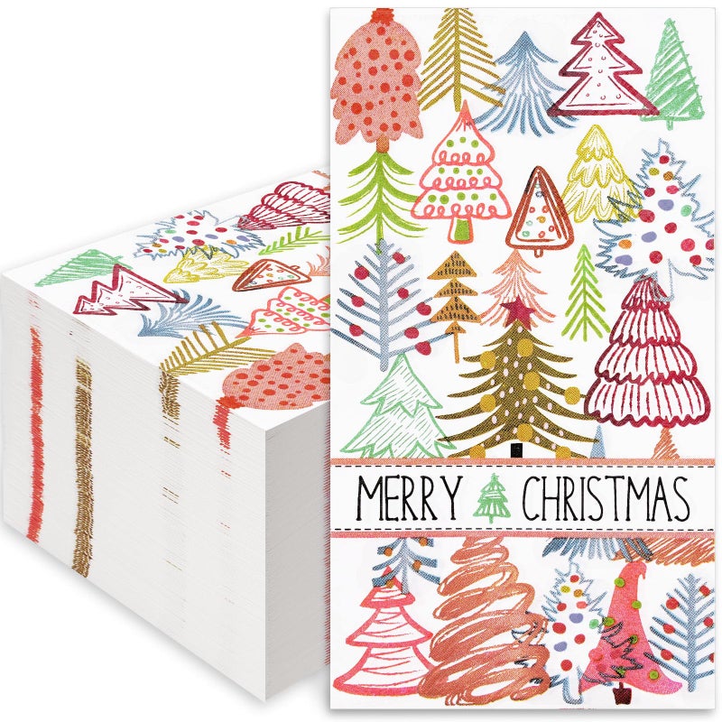 Whaline 100Pcs Christmas Guest Napkins Colorful Xmas Tree Disposable Paper Napkins Seasonal Winter Holiday Hand Towels for Home Kitchen Restaurant Tableware Decor